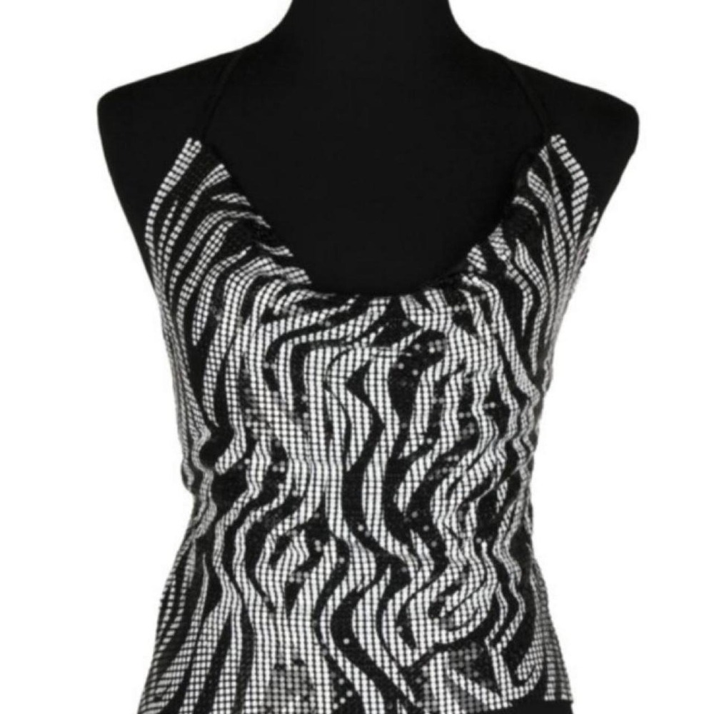 Y2K Black White Zebra Print Metal Mesh Halter Top NWT/One Size